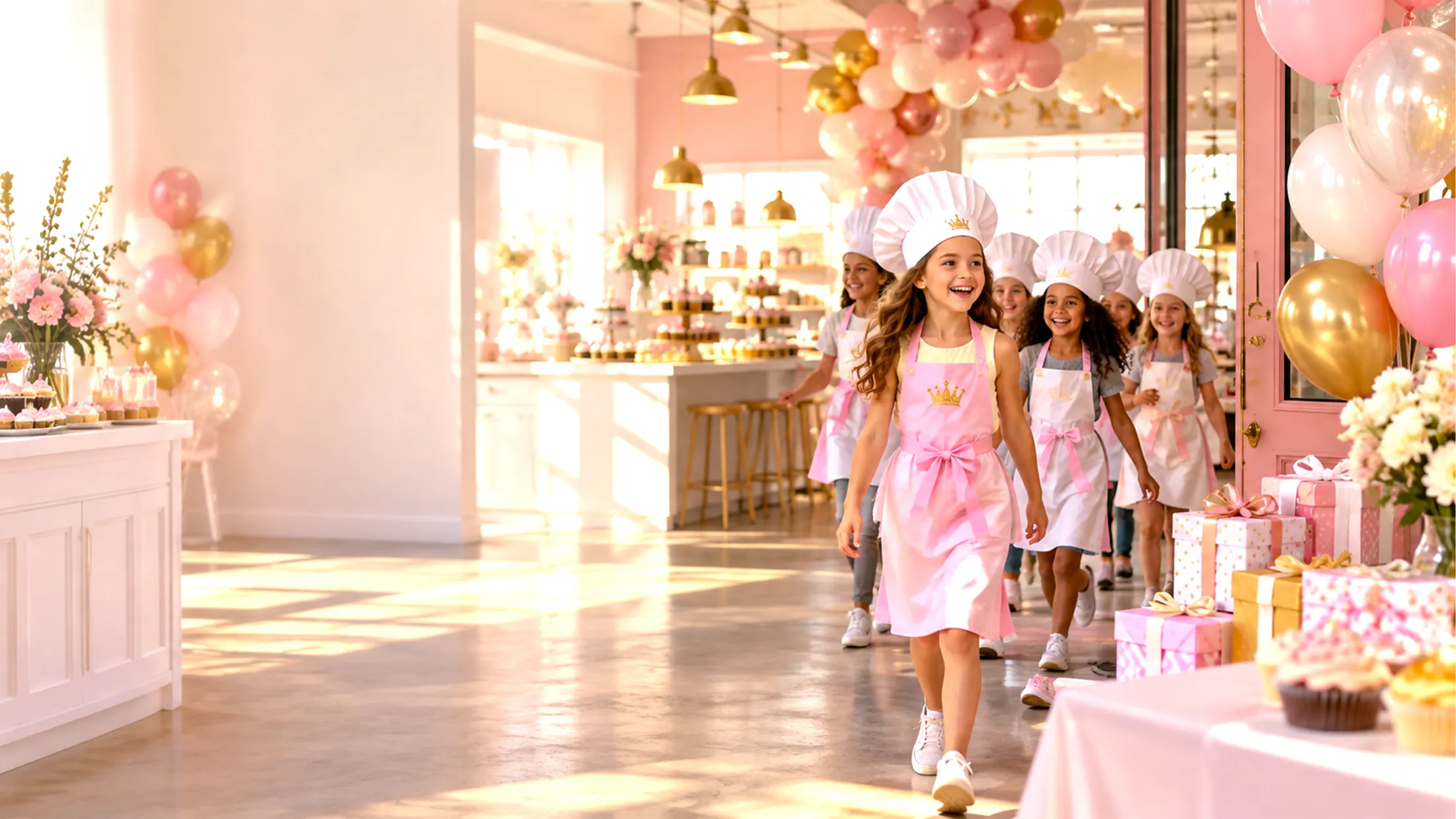 Children in chef hats and aprons arriving for a Confetti Korner party