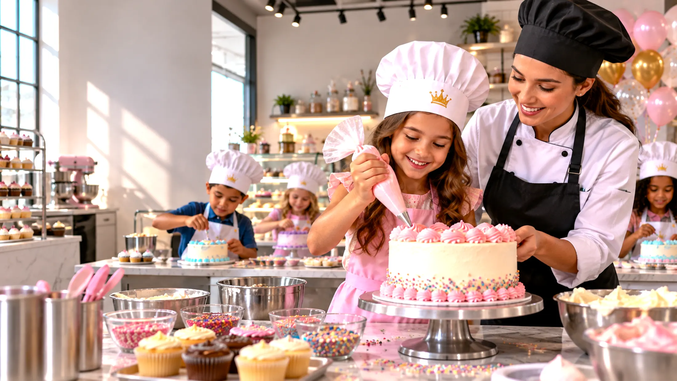 A Cake Korner baker helping a child decorate a full-size birthday cake