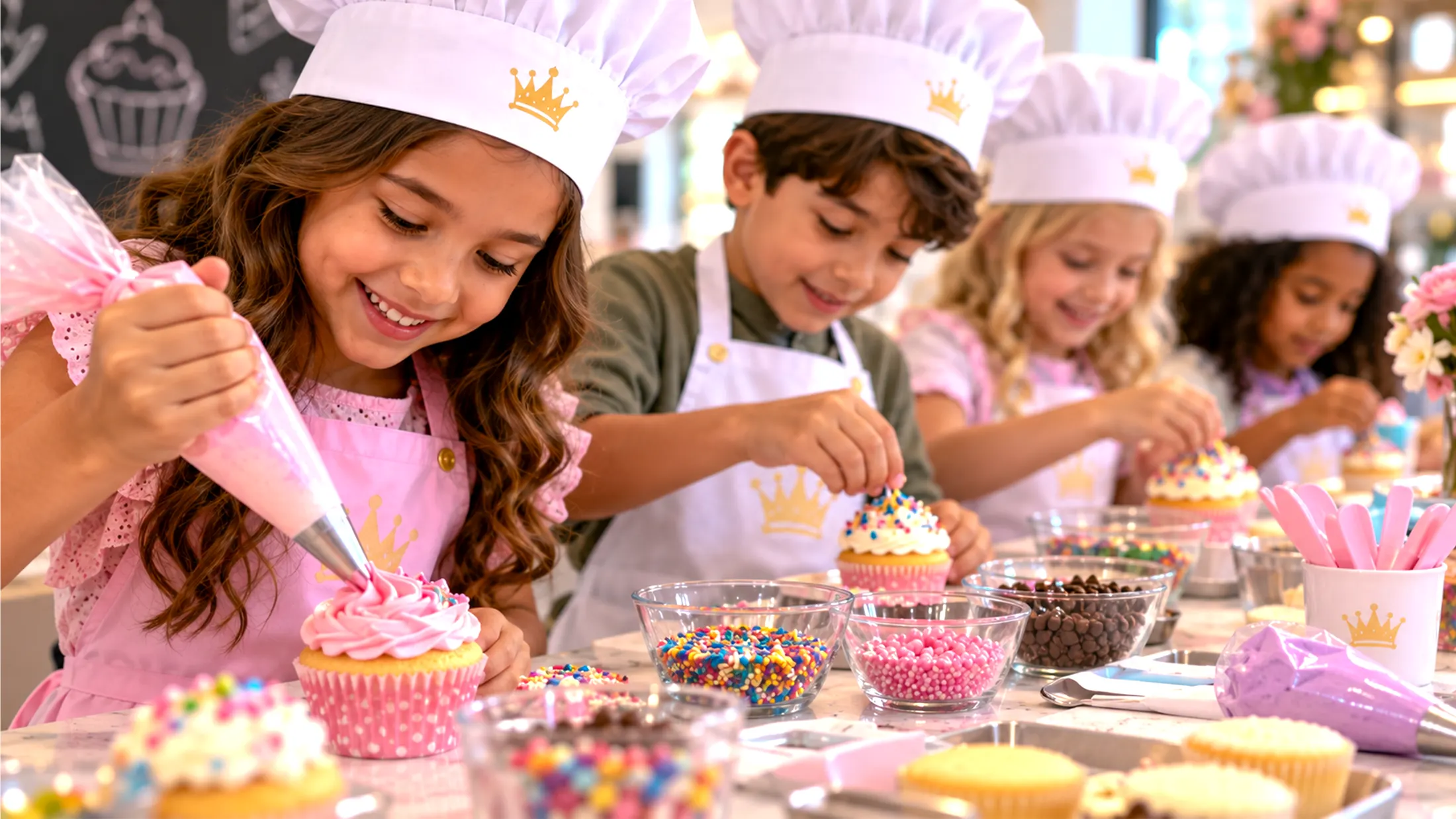 Kids piping frosting and adding sprinkles to their own cupcakes