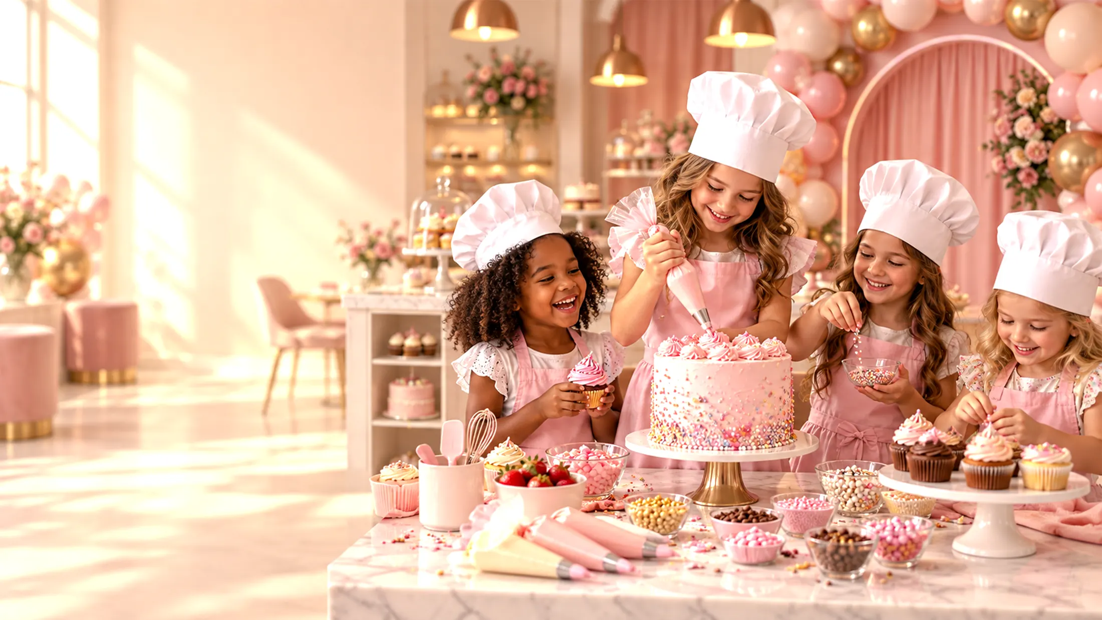 Kids in chef hats decorating a pink birthday cake together